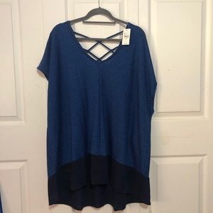 Blue scoop neck top with cross hatch cutout